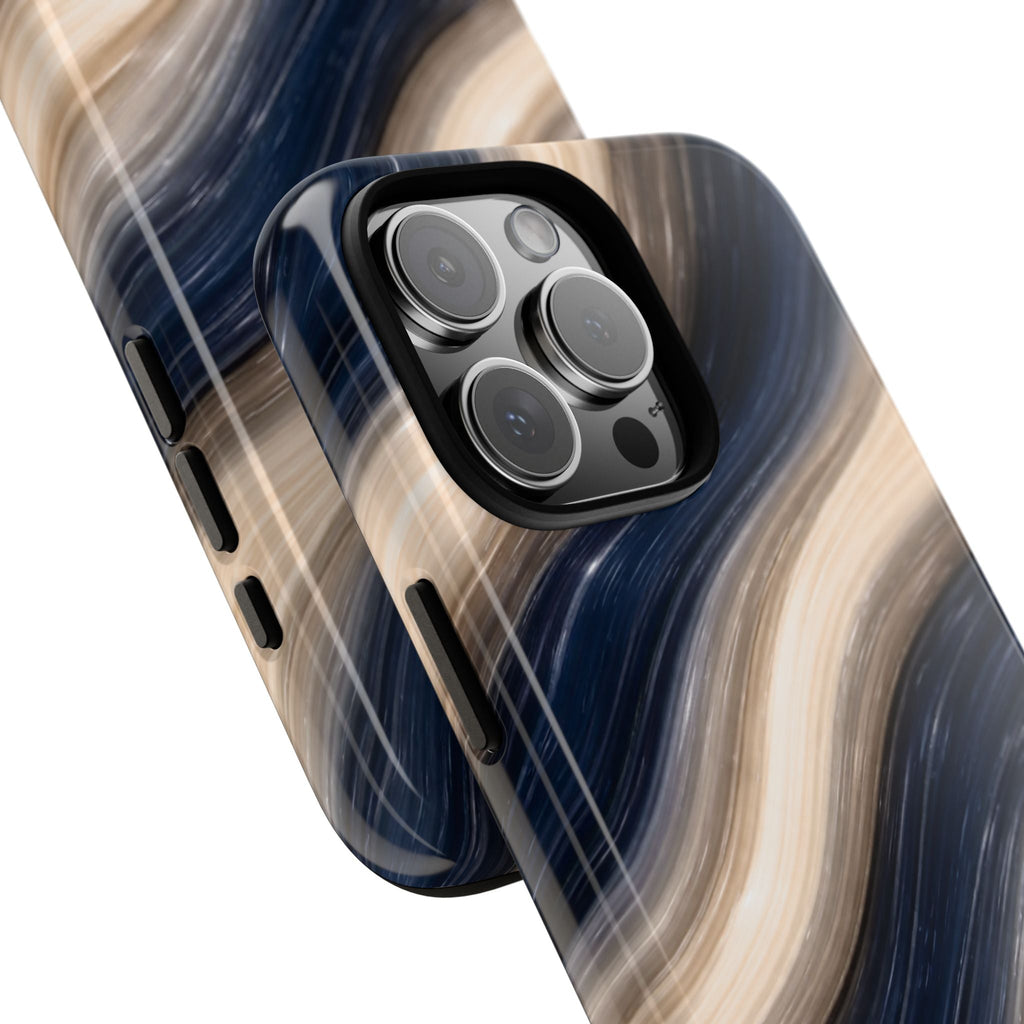 Close-up Cape Cod Waves phone case with navy-blue and cream wave lines, lens cutouts