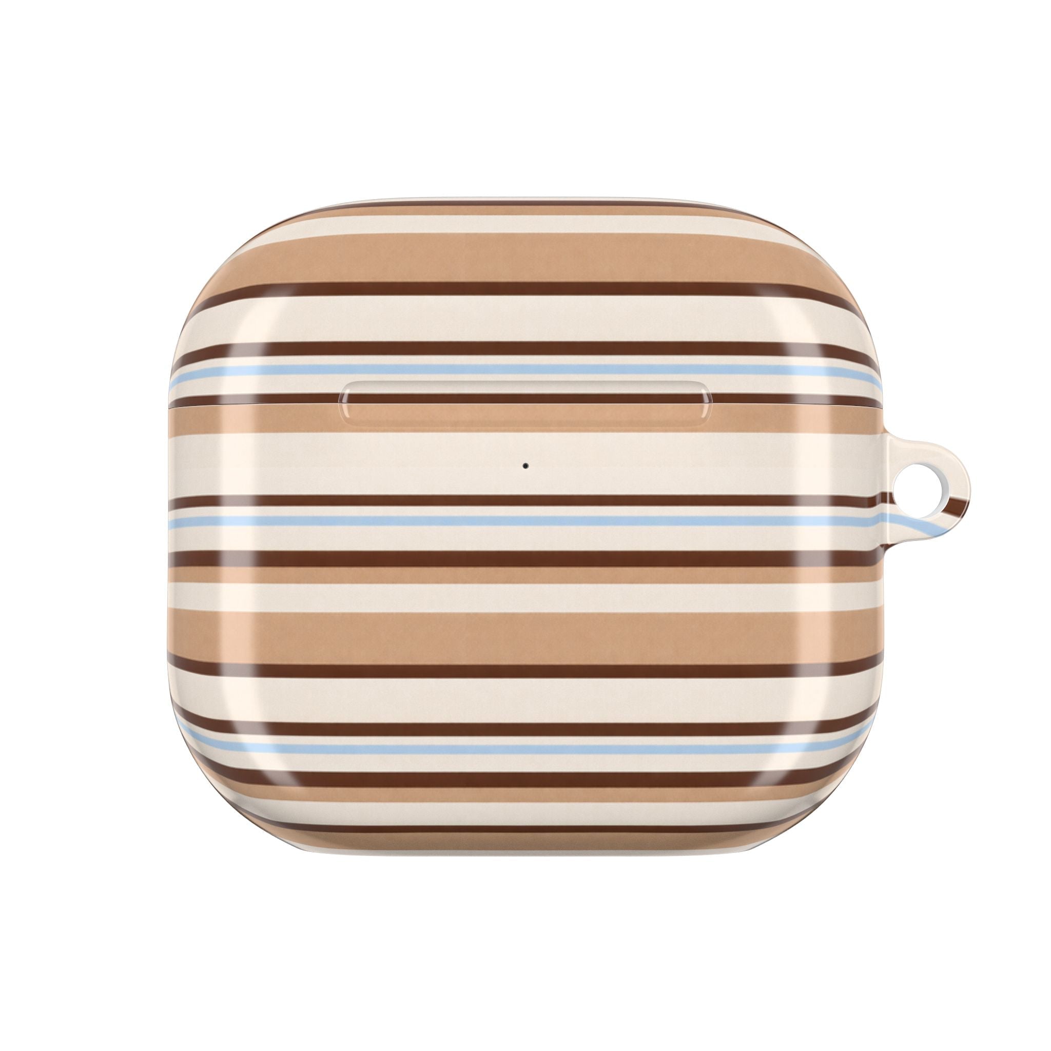 AirPods case close-up in tan, white, and blue horizontal stripes with top button cutout.