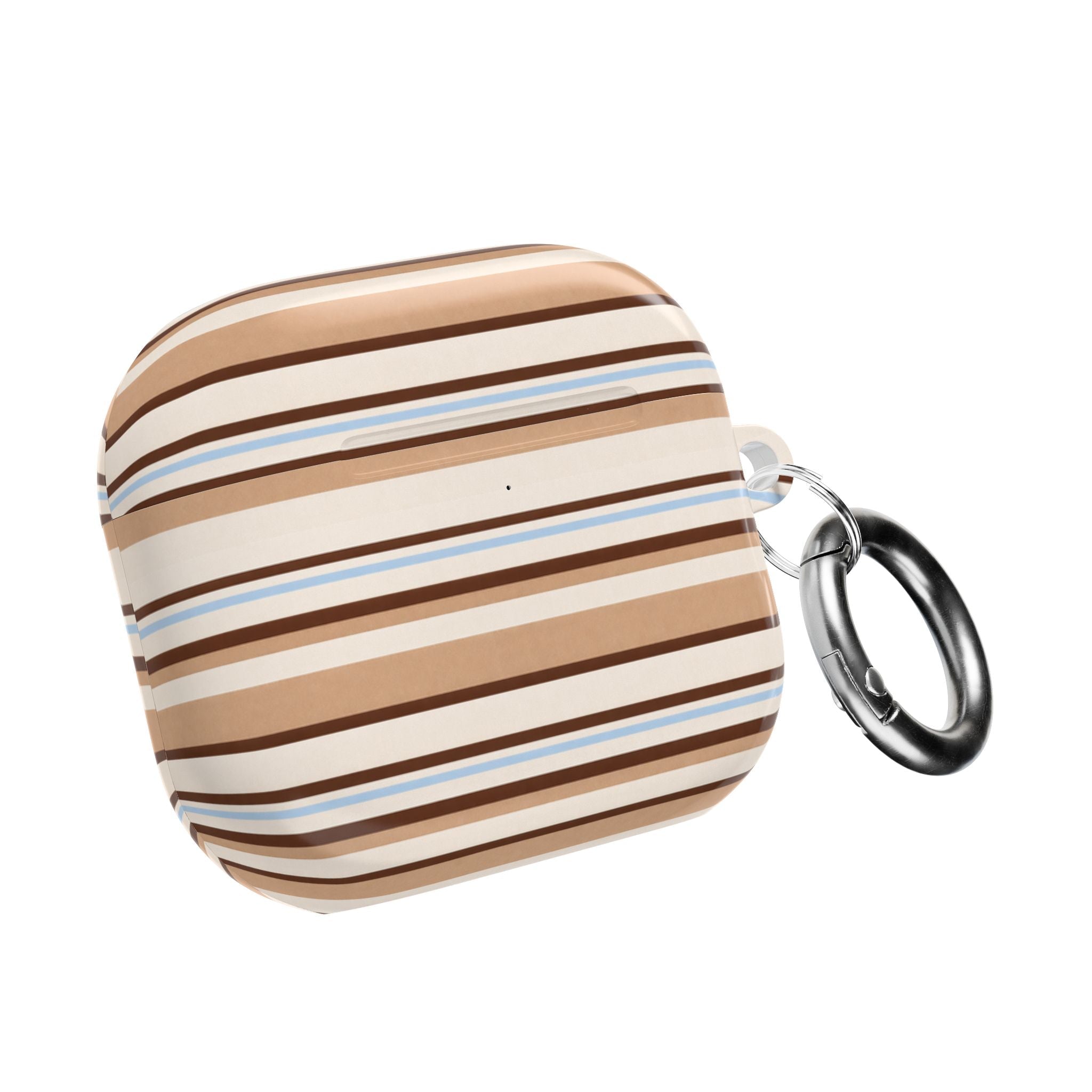 AirPods case with tan-and-white horizontal stripes and blue accents; includes metal keyring.
