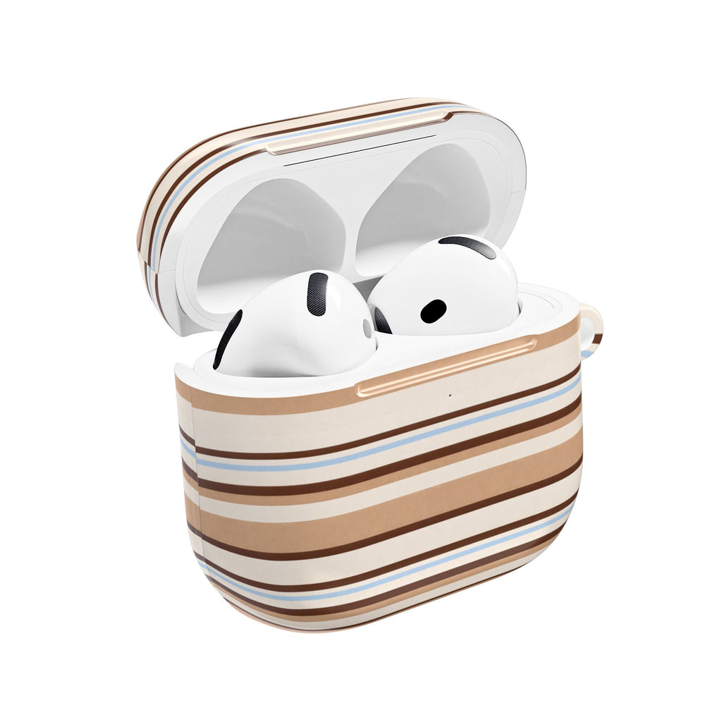 AirPods case in white, tan, and blue horizontal stripes; lid open with earbuds inside.