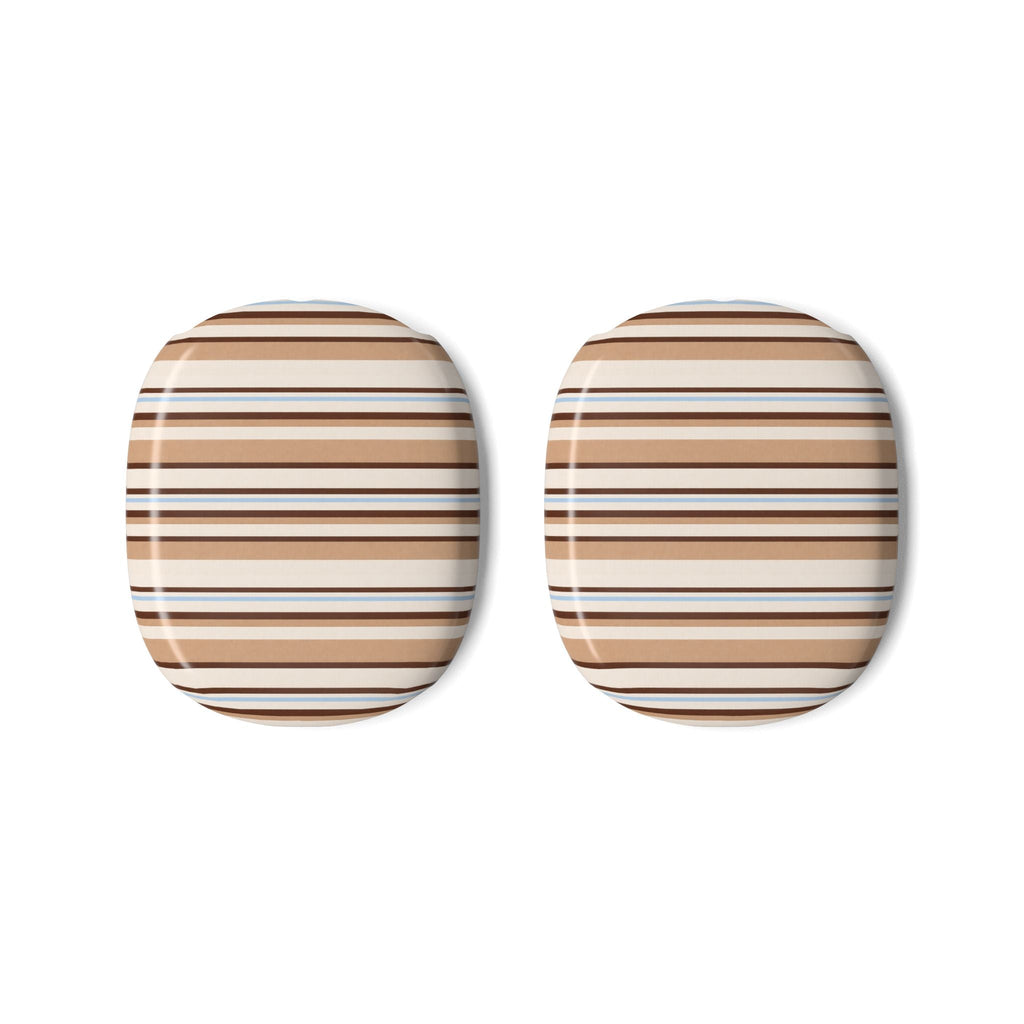 Pair of AirPods Max case covers with tan, cream, and blue horizontal stripes