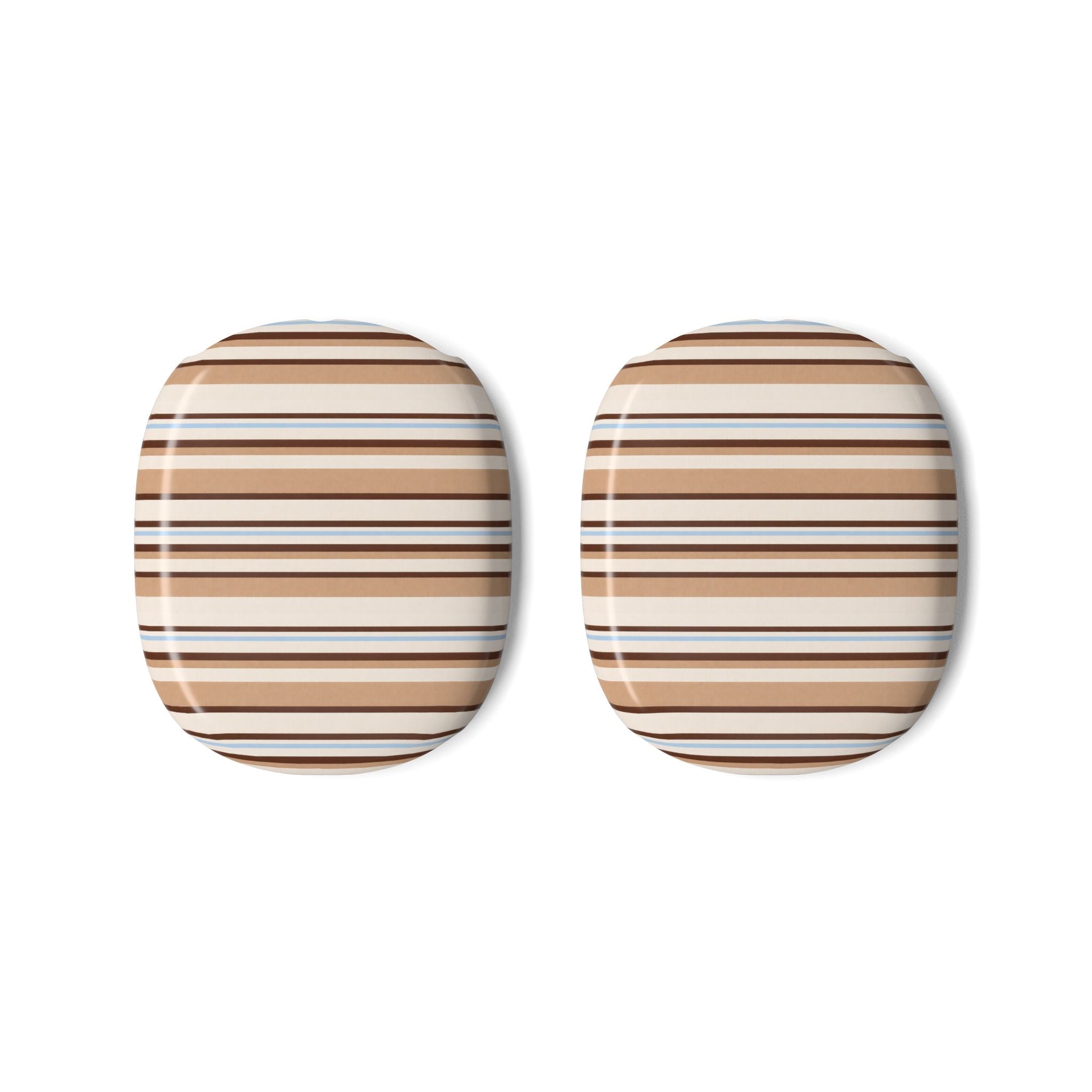 Pair of AirPods Max case covers with tan, cream, and blue horizontal stripes