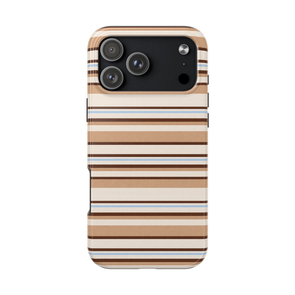 Cappuccino Blues striped phone case back with camera cutouts and brown-blue bands