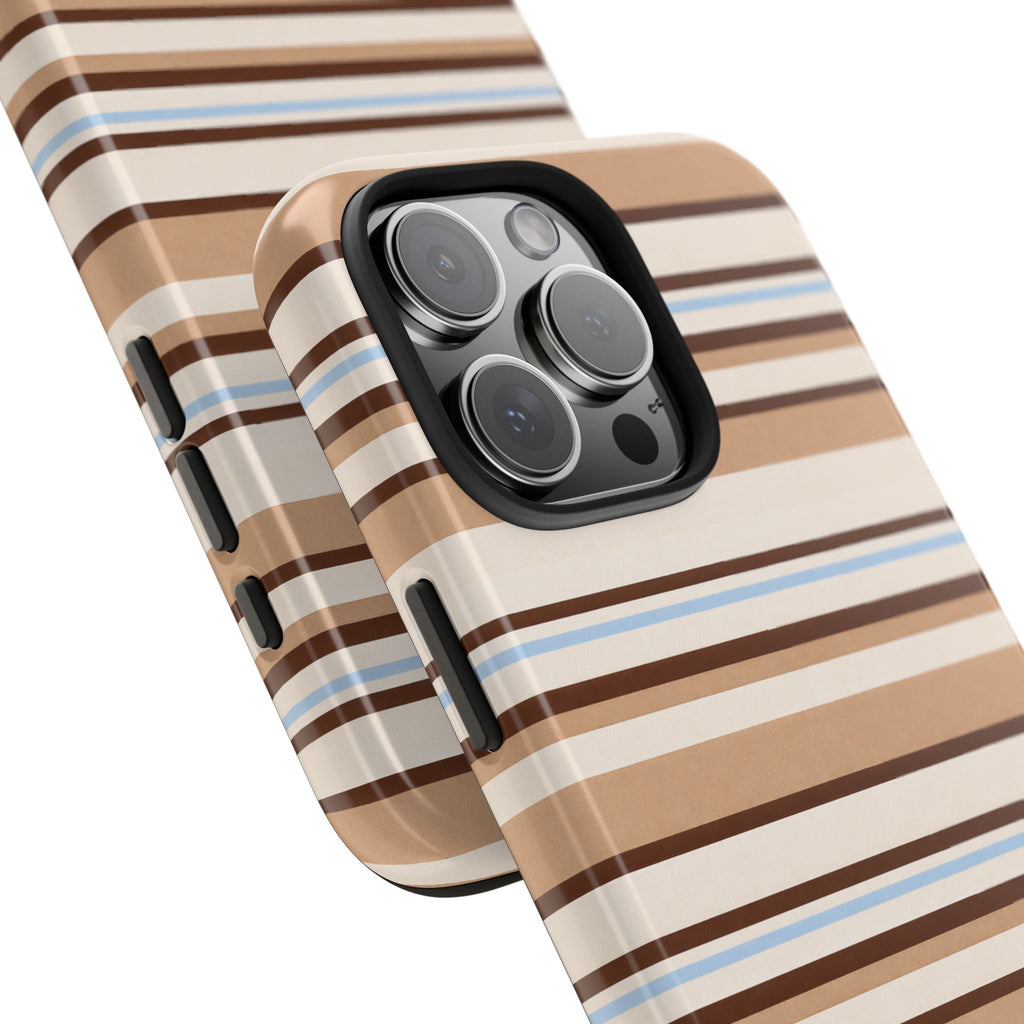 Striped Cappuccino Blues phone case angled view with raised camera and side buttons