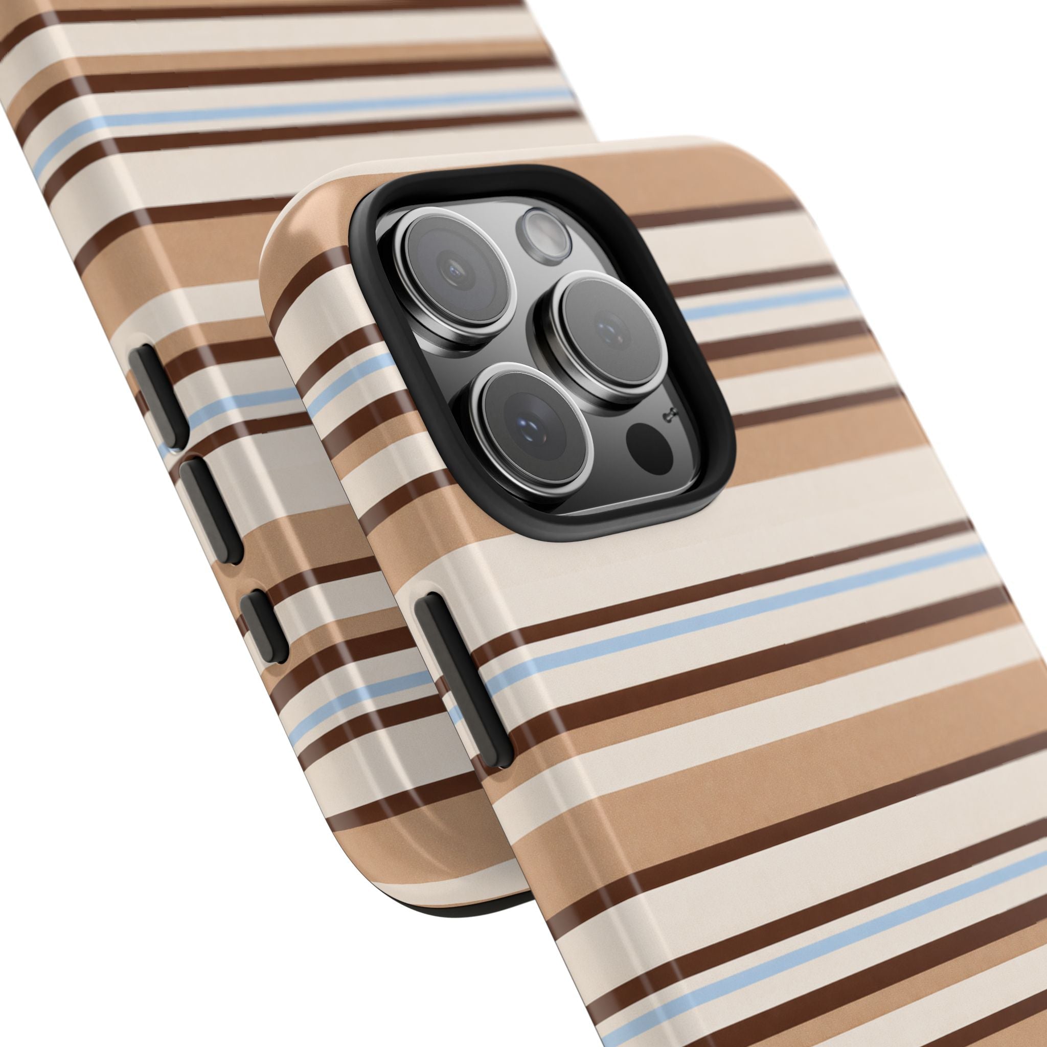 Striped Cappuccino Blues phone case angled view with raised camera and side buttons