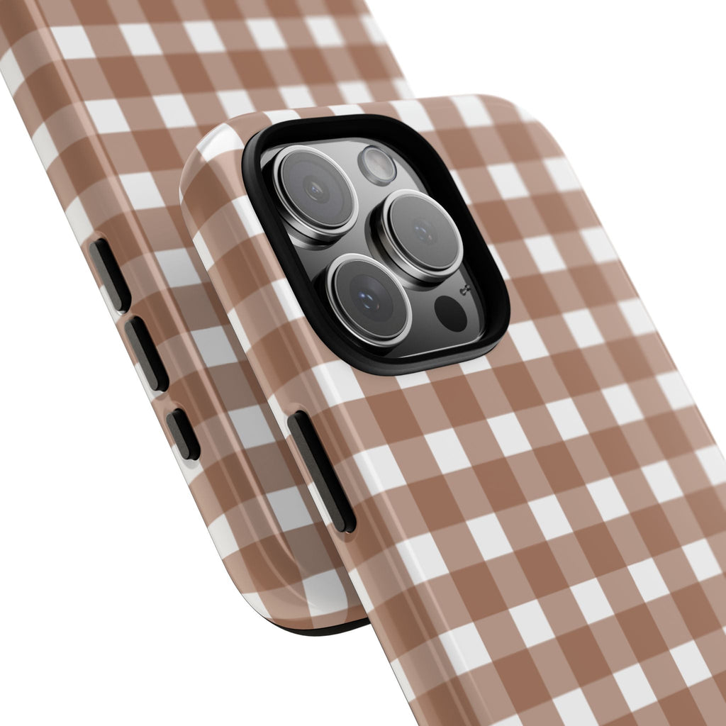 Cappuccino brown gingham phone case showing side buttons and camera bump