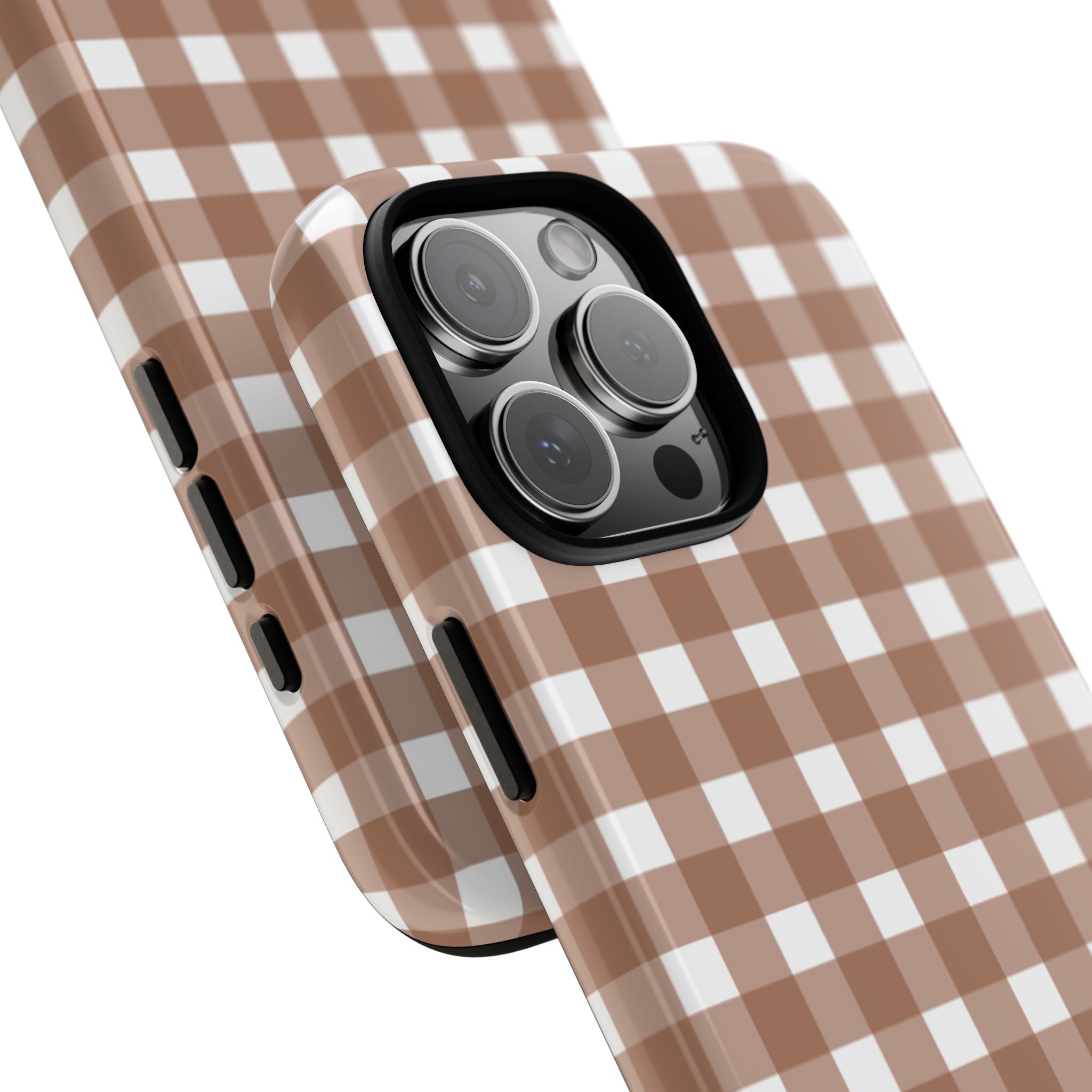 Cappuccino brown gingham phone case showing side buttons and camera bump