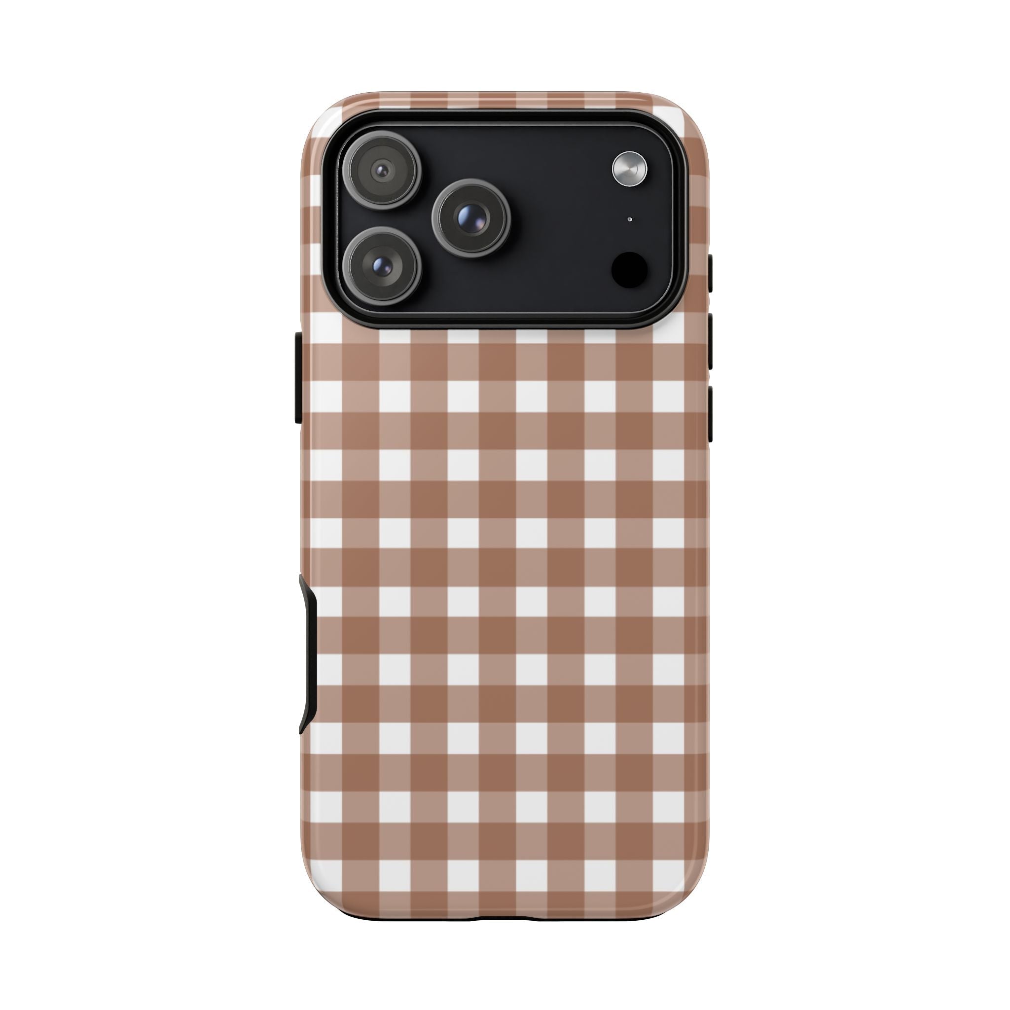 Cappuccino brown gingham phone case with camera cutout and side buttons