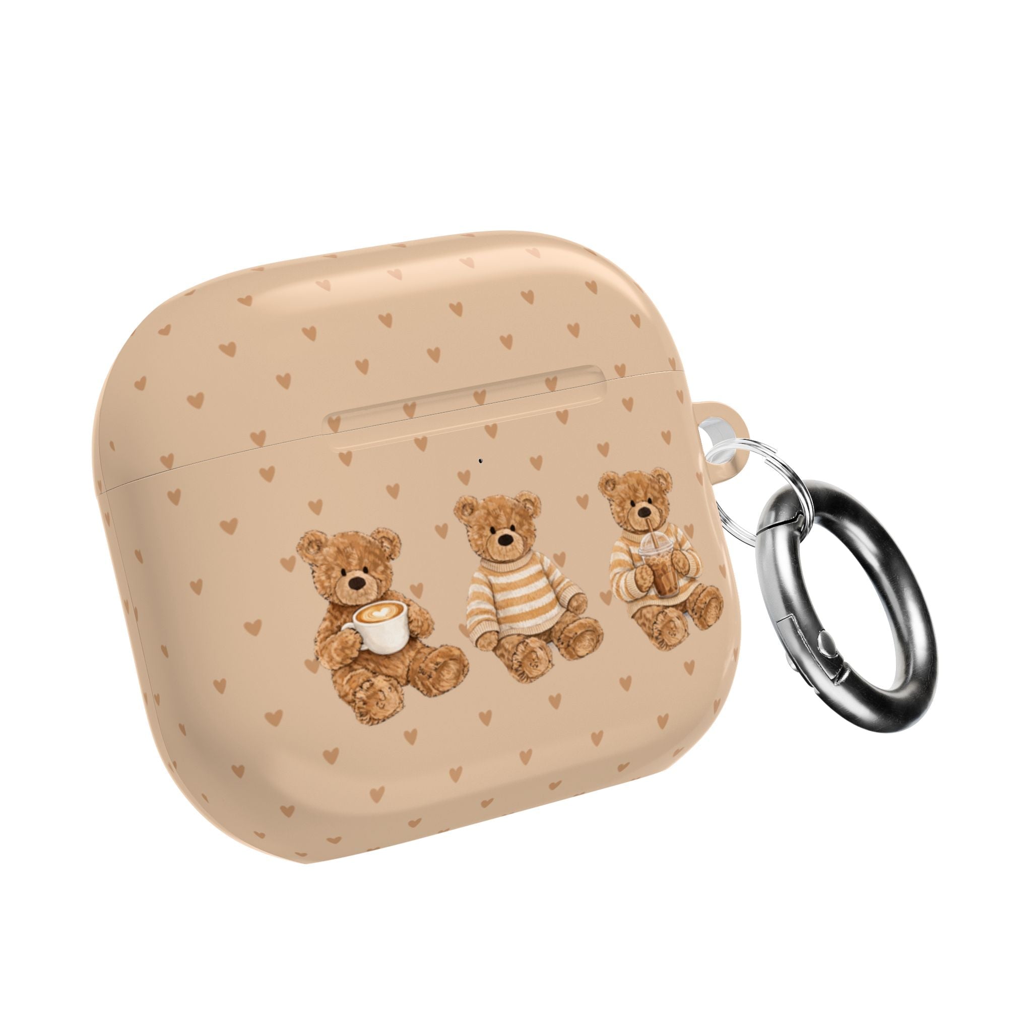 Beige AirPods case with hearts and teddy bear print, with metal key ring
