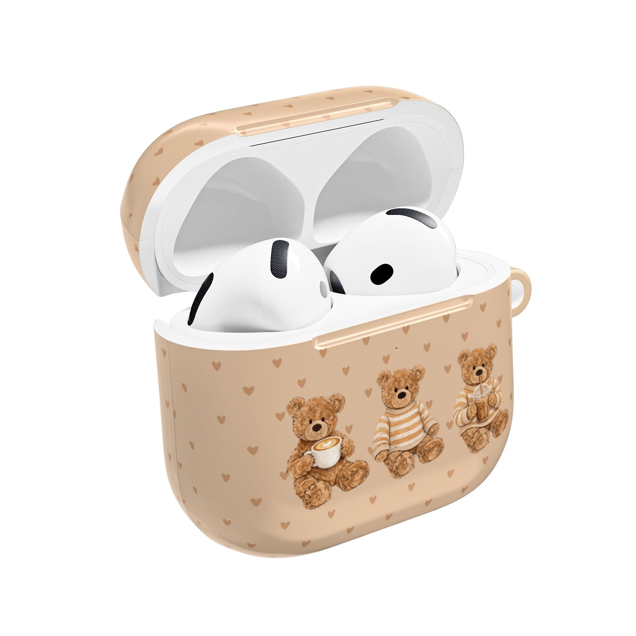 Beige AirPods case with hearts and teddy bear print; white earbuds inside
