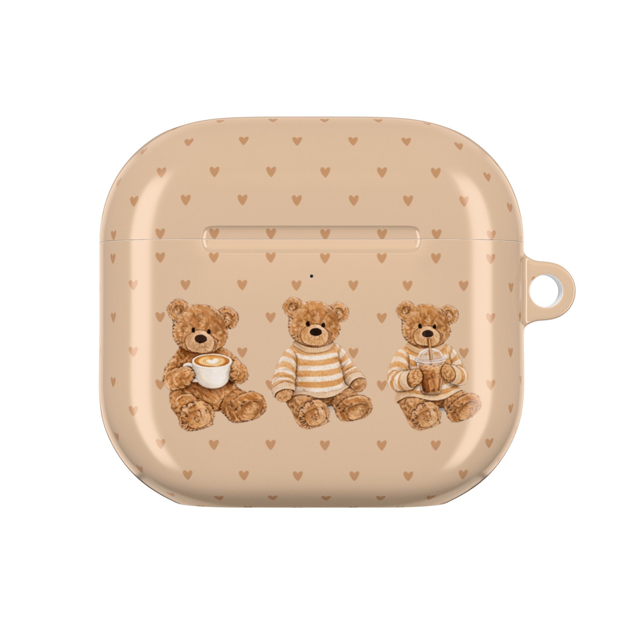 Beige AirPods case with repeating hearts and three teddy bear figures, closed