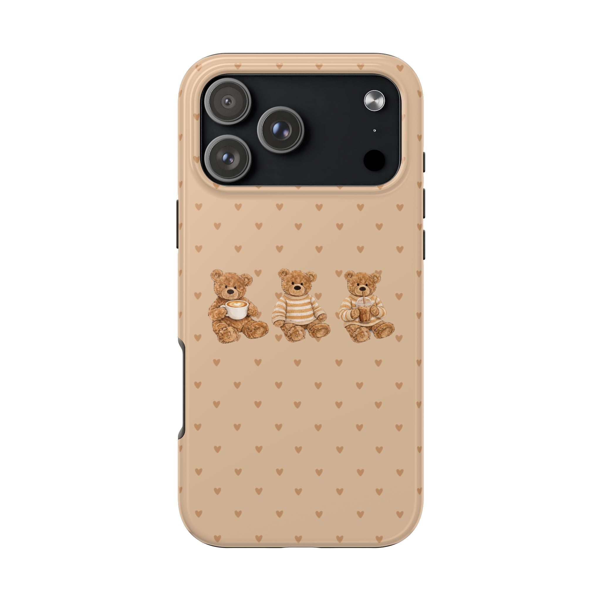 Beige phone case with teddy bears holding cups and small heart pattern
