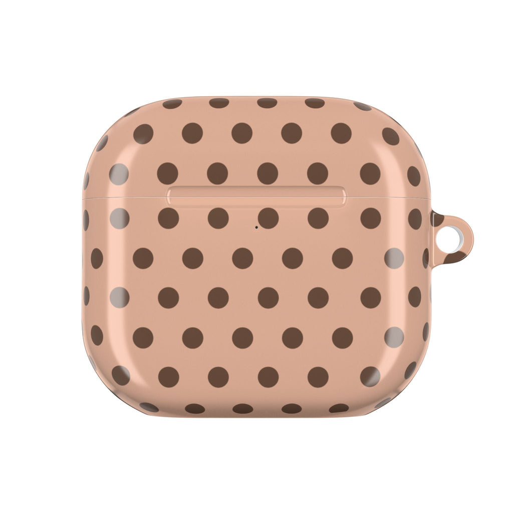 Cappuccino polka dot AirPods case closed, side loop ring visible