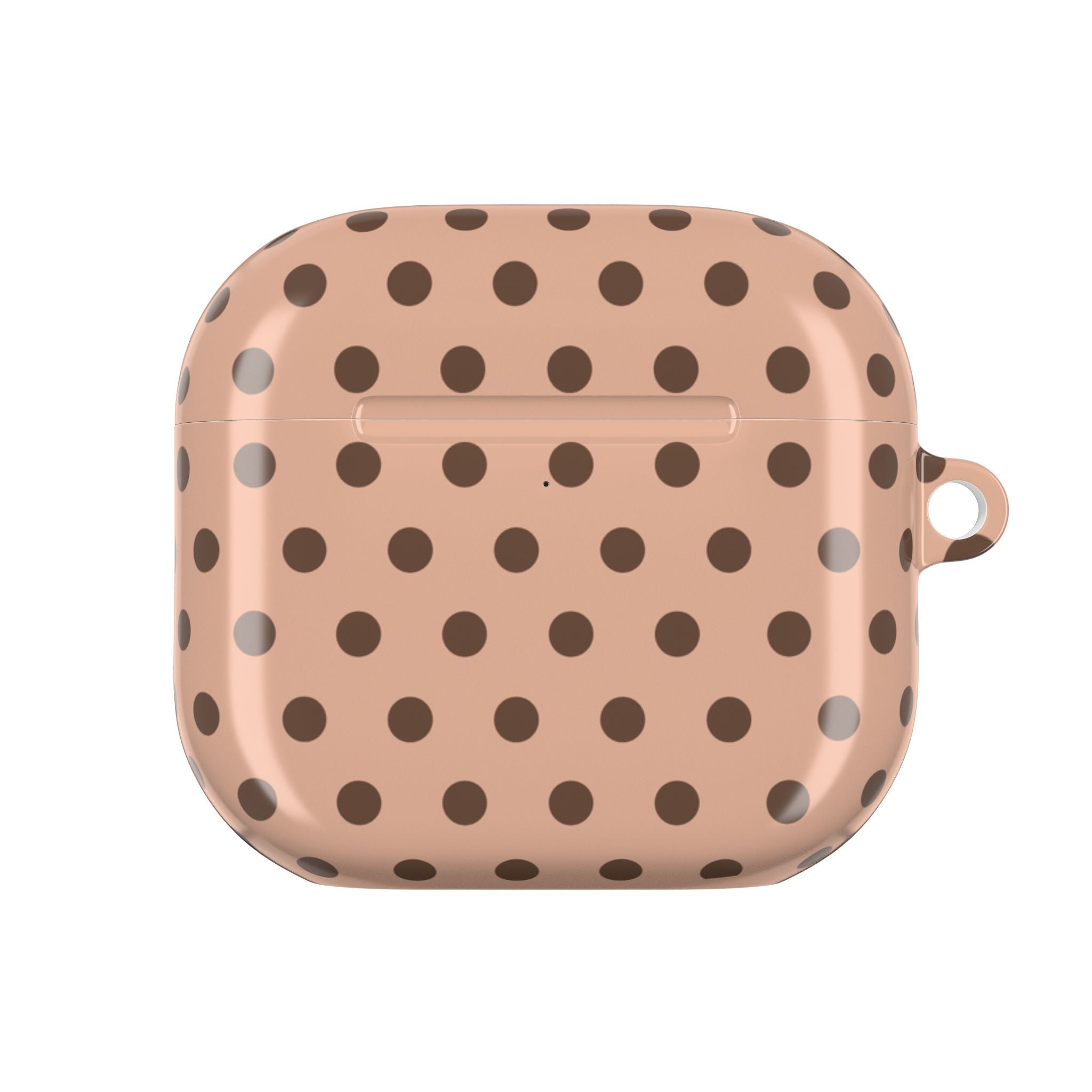 Cappuccino polka dot AirPods case closed, side loop ring visible