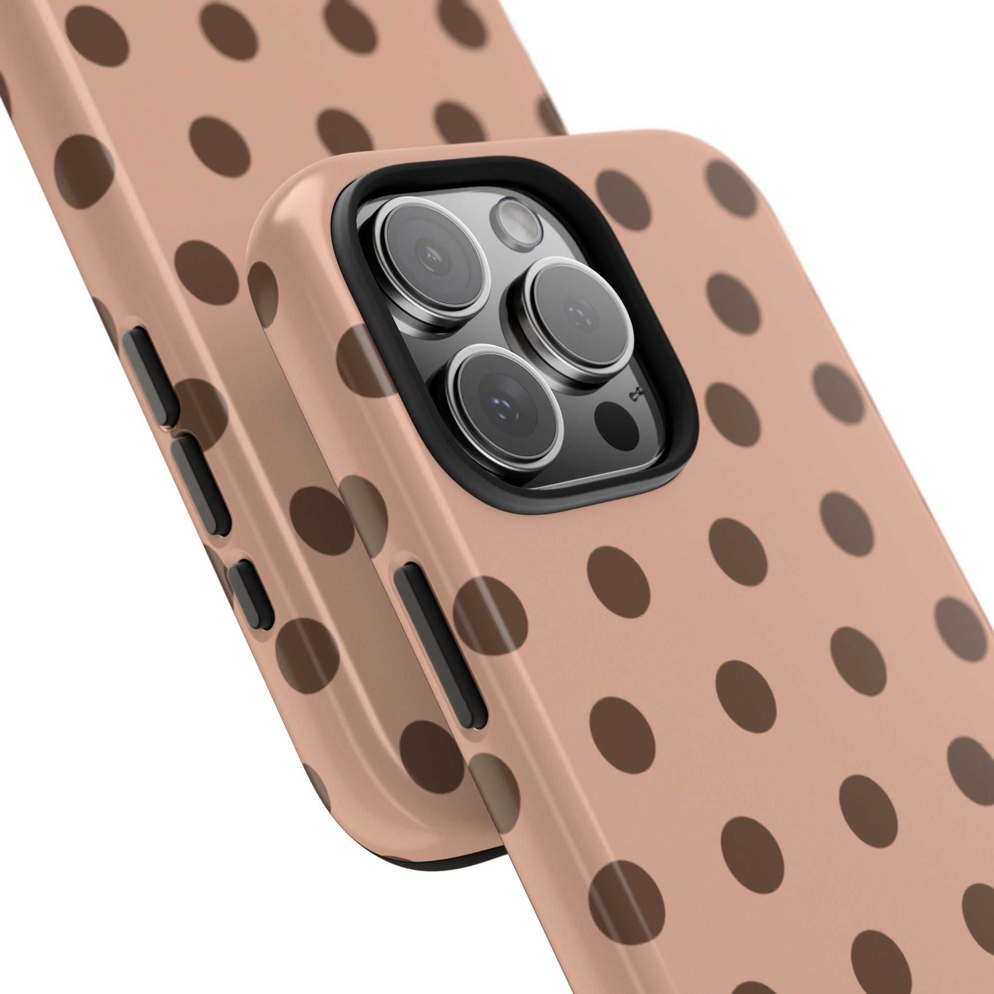Cappuccino polka dot phone case corner with camera cutout and button openings