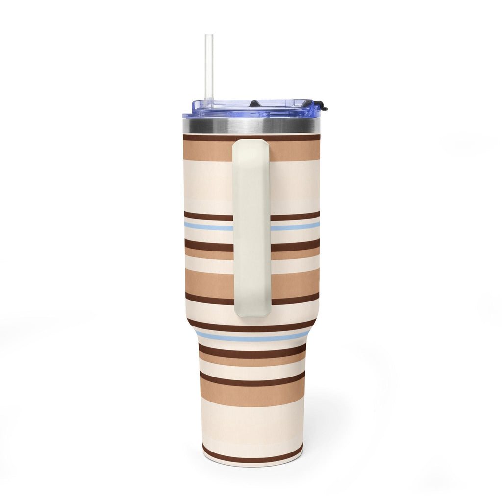 40oz tumbler with clear straw and handle grip, cream and brown striped pattern with blue lines