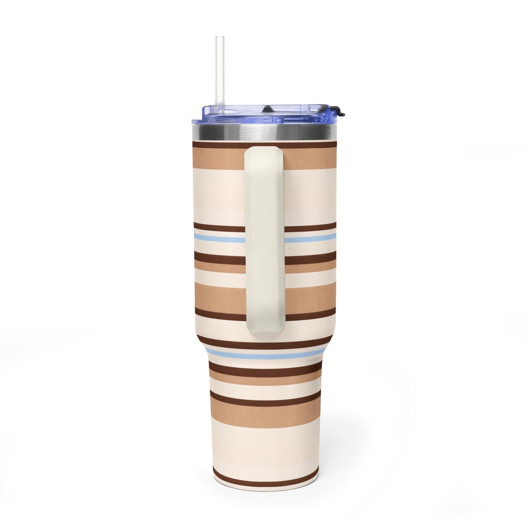 40oz tumbler with clear straw and handle grip, cream and brown striped pattern with blue lines
