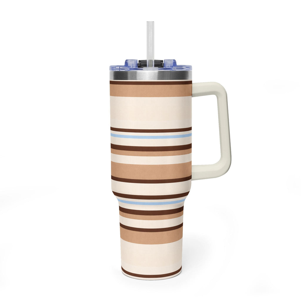 40oz stainless steel tumbler with cap, clear straw, cream base and brown/blue stripes