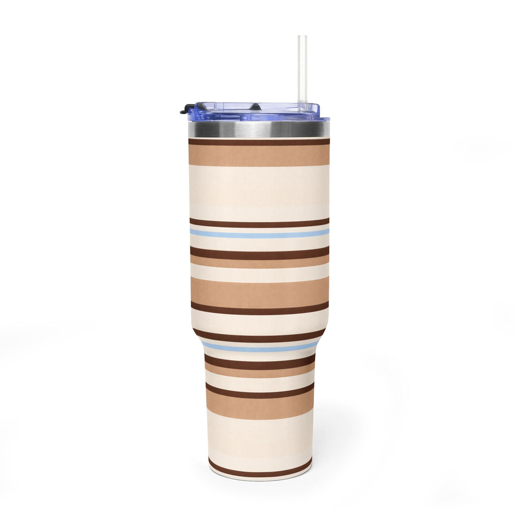 40oz stainless tumbler front view, clear straw through blue lid, cappuccino stripe wrap