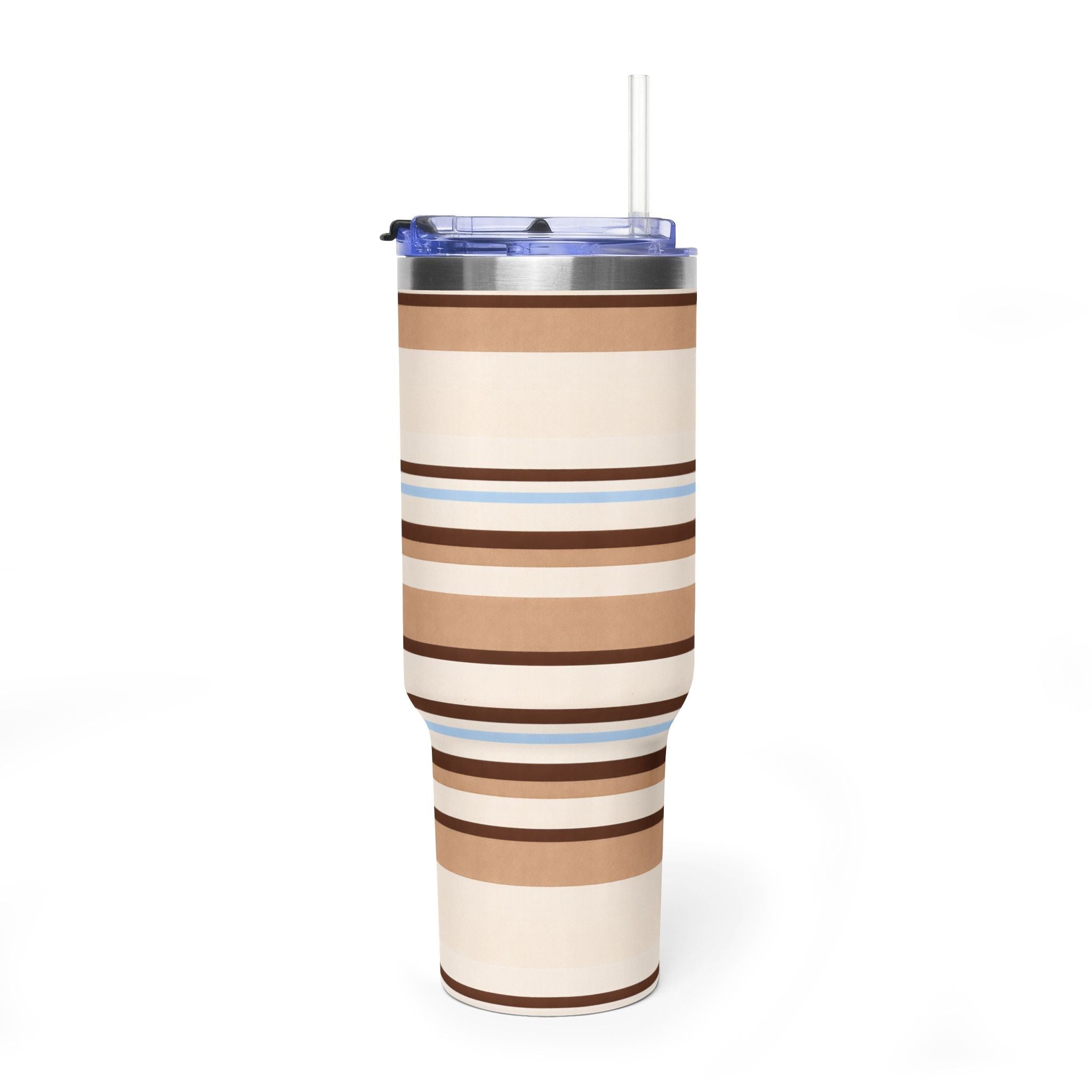 40oz stainless tumbler front view, clear straw through blue lid, cappuccino stripe wrap