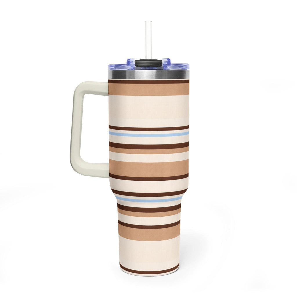 40oz tumbler angled view, cream with brown stripes and thin blue lines, clear straw lid