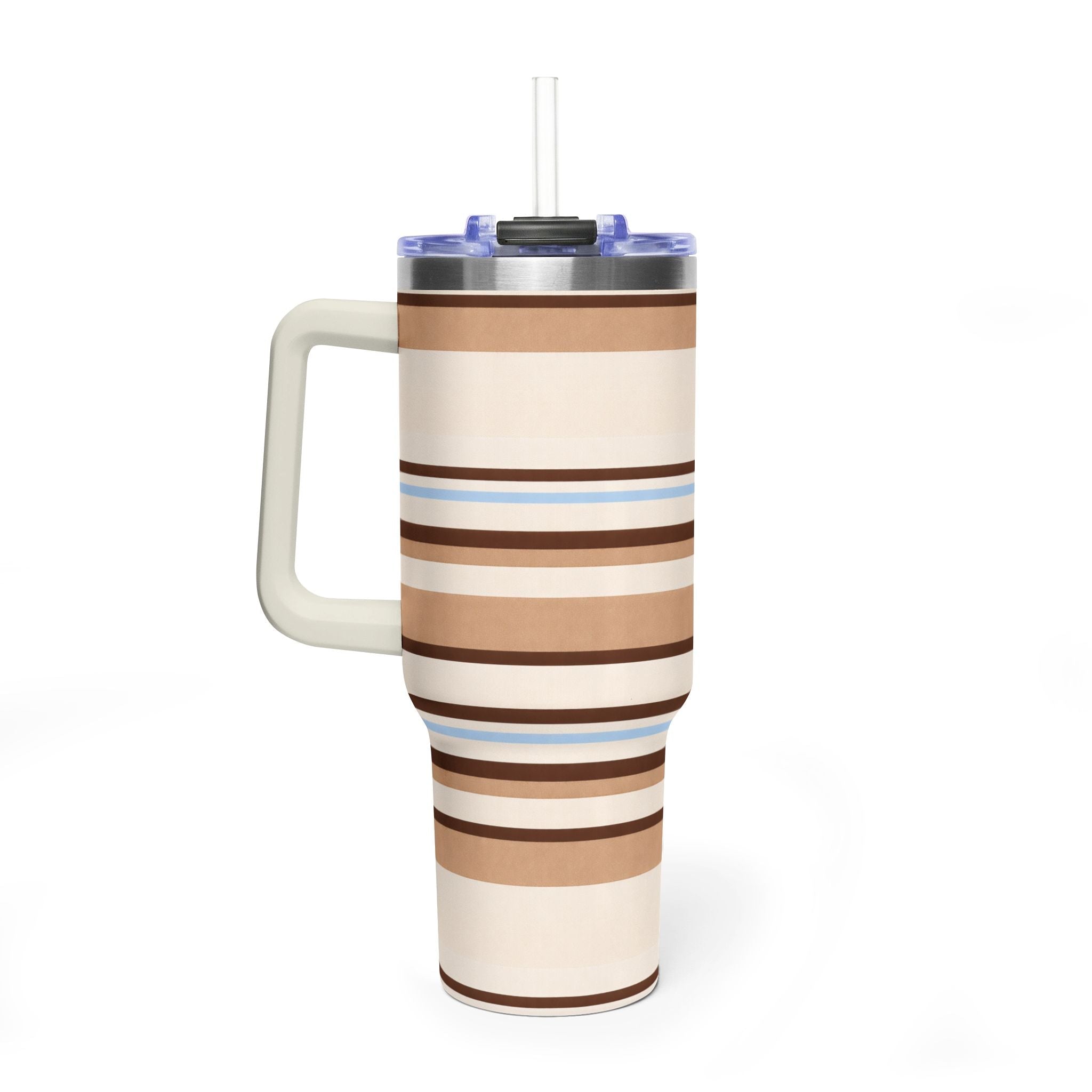 40oz tumbler angled view, cream with brown stripes and thin blue lines, clear straw lid