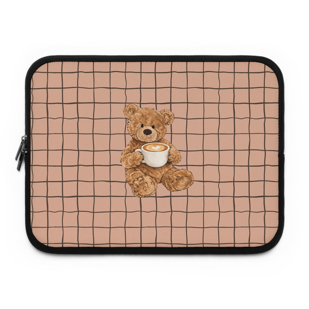 Teddy bear latte cup applique on cappuccino grid neoprene sleeve with black zipper