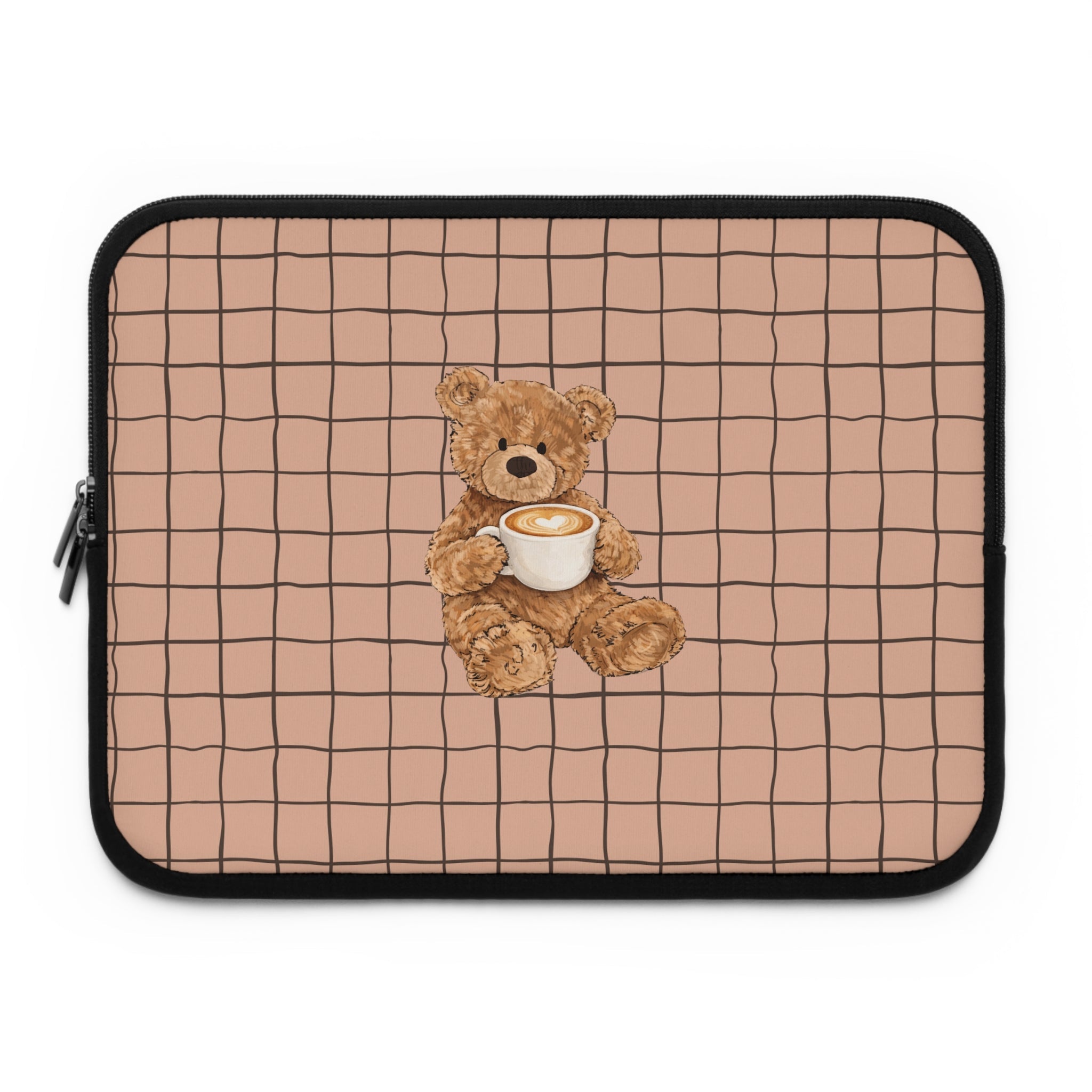 Teddy bear latte cup applique on cappuccino grid neoprene sleeve with black zipper