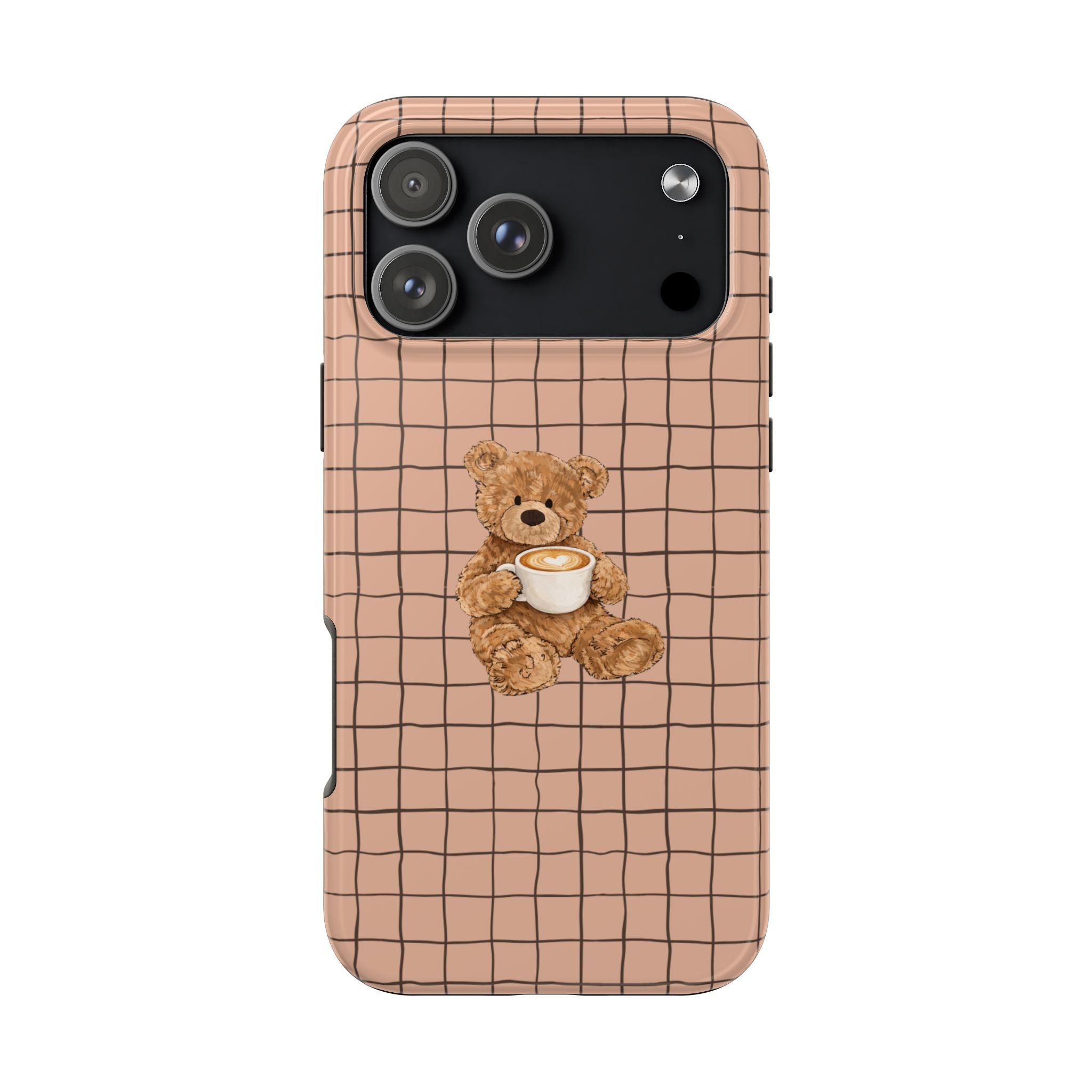 Beige grid teddy bear phone case with teddy holding cappuccino cup, camera cutouts