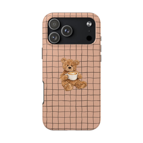 Beige grid teddy bear phone case with teddy holding cappuccino cup, camera cutouts