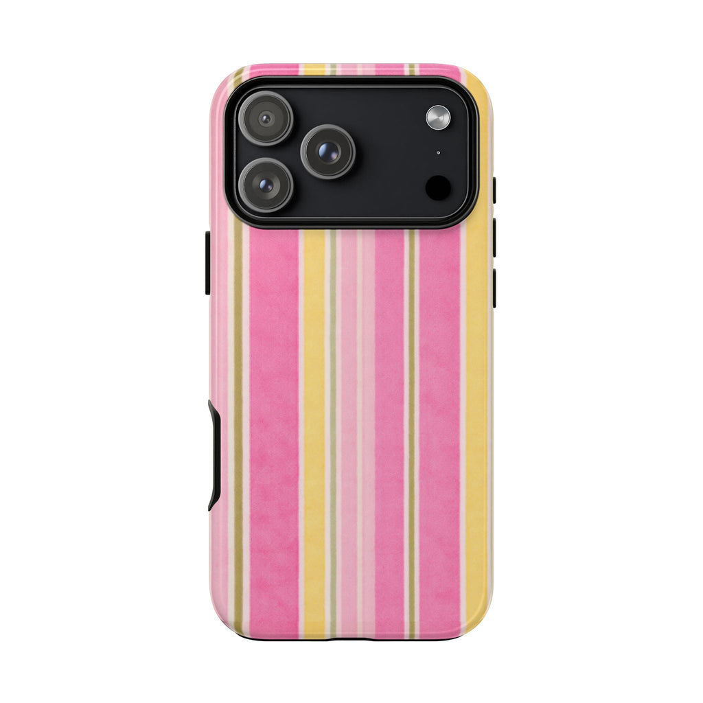 Blush and cream vertical striped phone case back with camera cutout and side openings