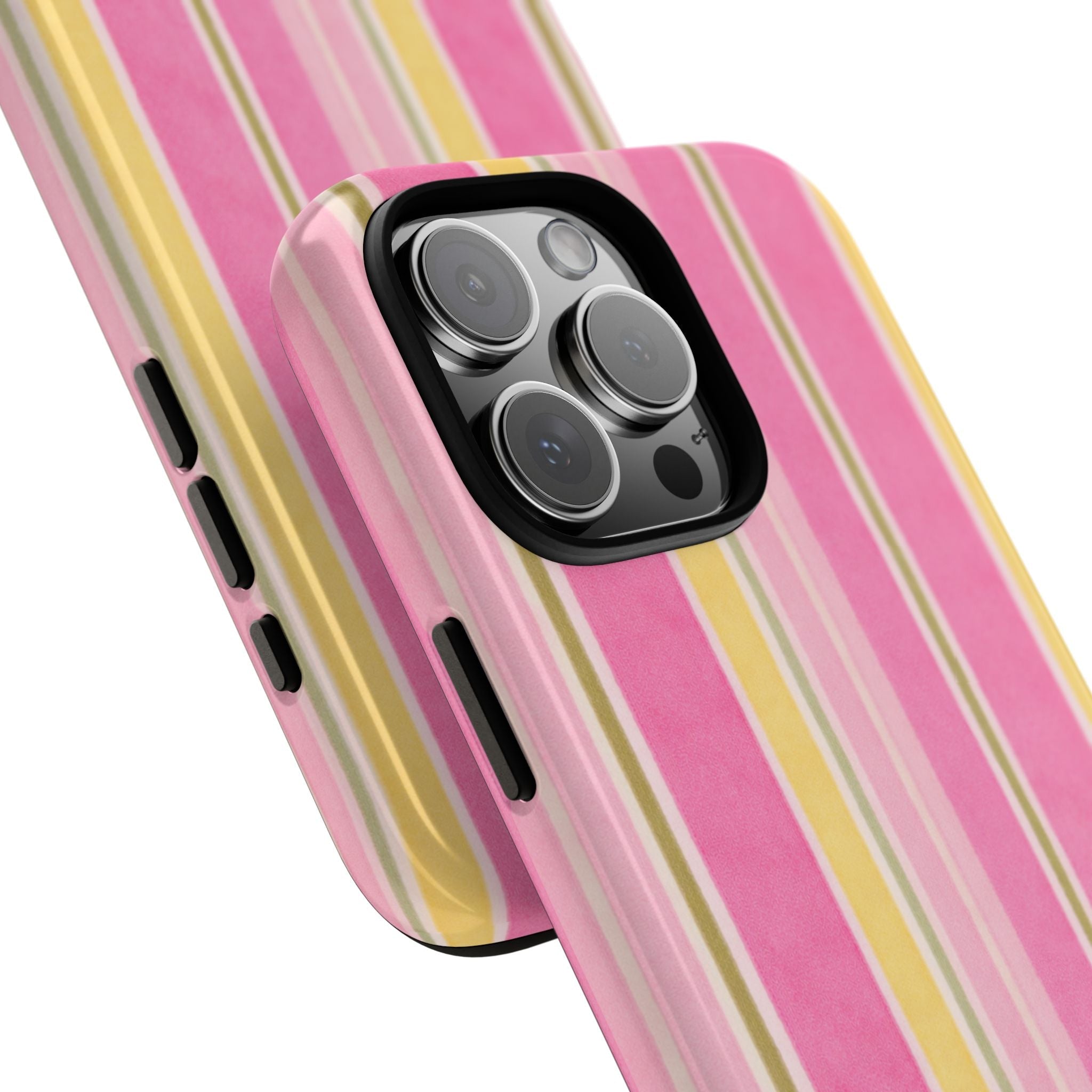 Diagonal view of blush striped phone case with side buttons and camera lens cover