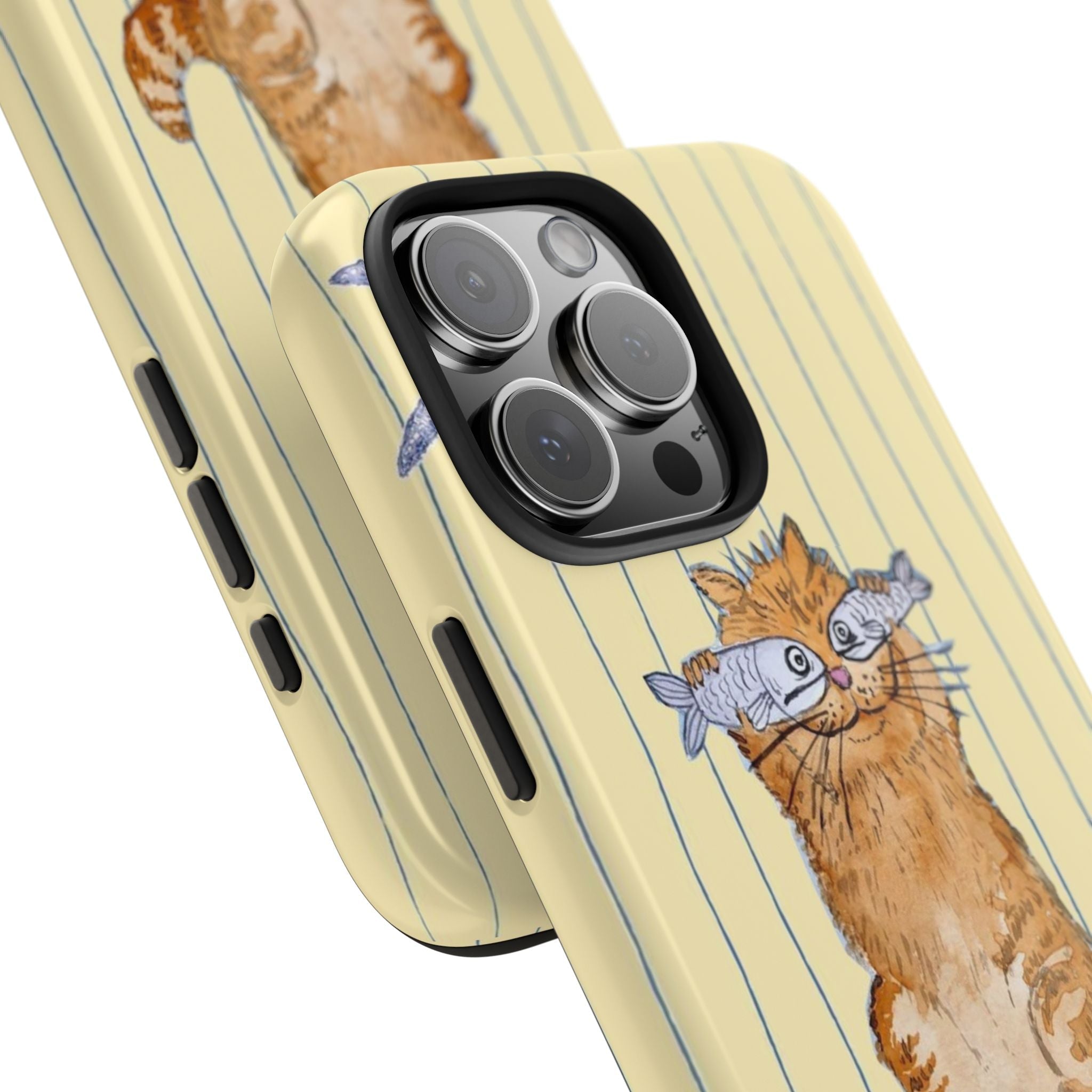 Angled close-up cat & fish sea stripes phone case with camera lenses and side buttons