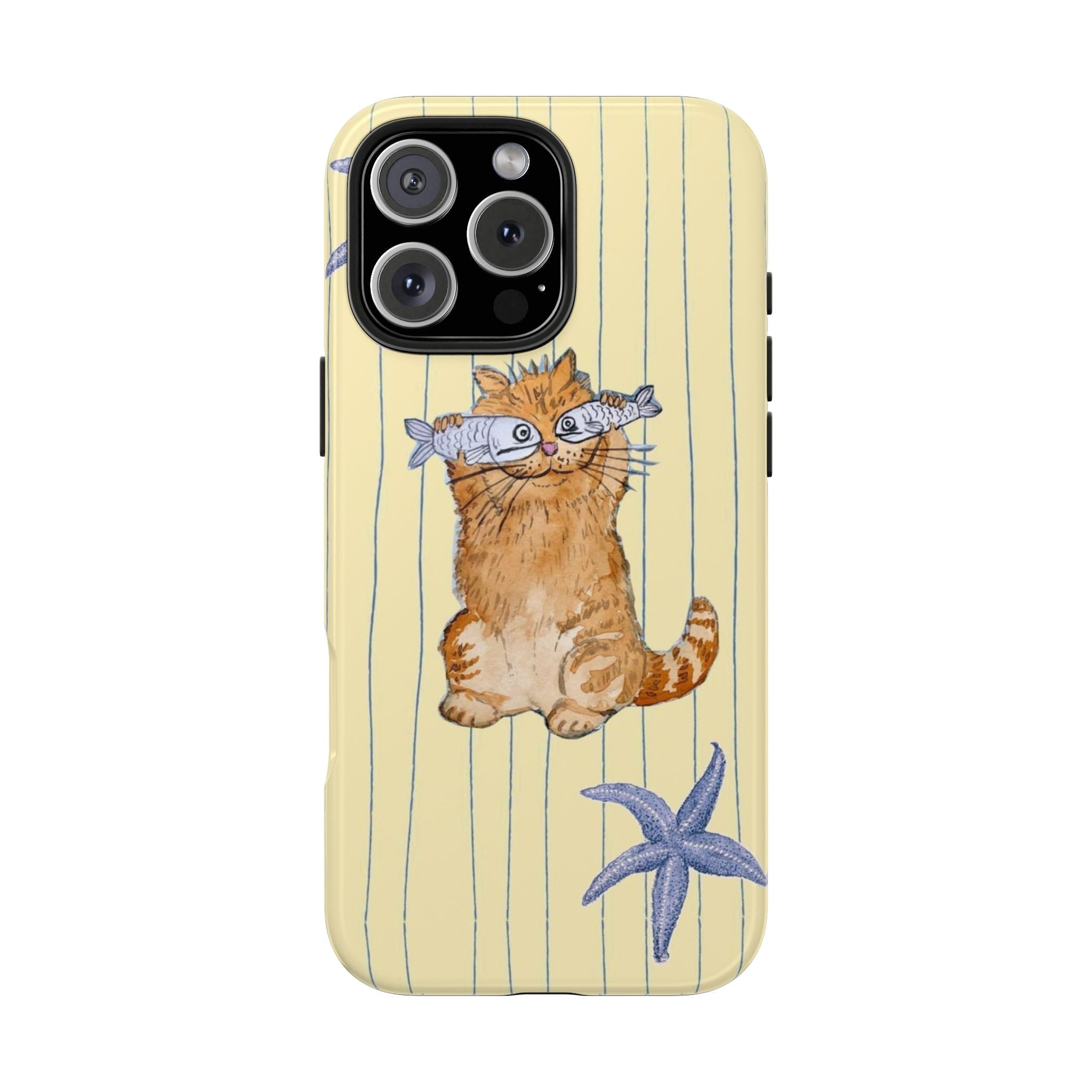 Sea stripes cat phone case: orange cat with fish and starfish on pale yellow