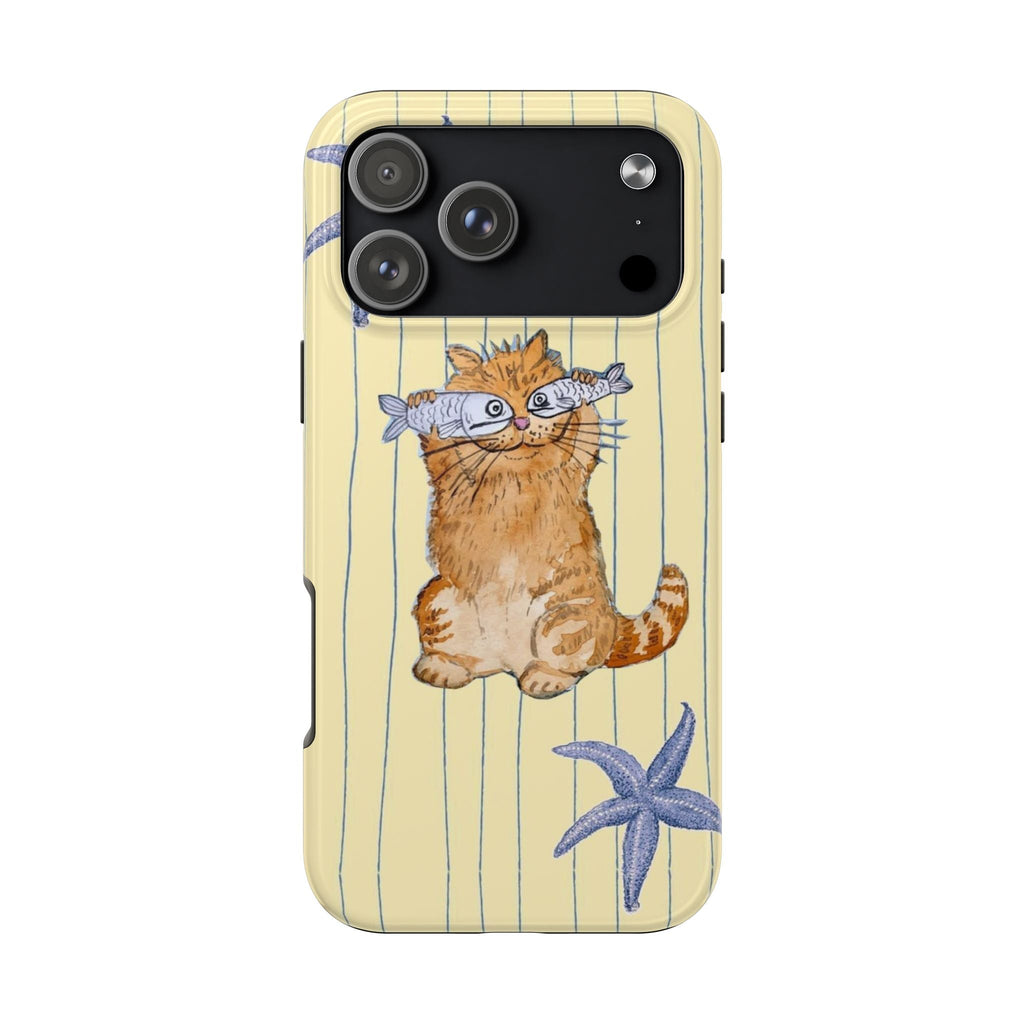 Back view cat & fish sea stripes phone case with camera cutouts on pale yellow