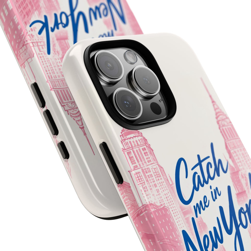 Angled white phone case, pink skyline and blue “Catch me in New York” text; camera cutout
