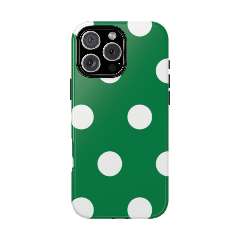Green phone case with large white polka dots, cutouts for camera and buttons