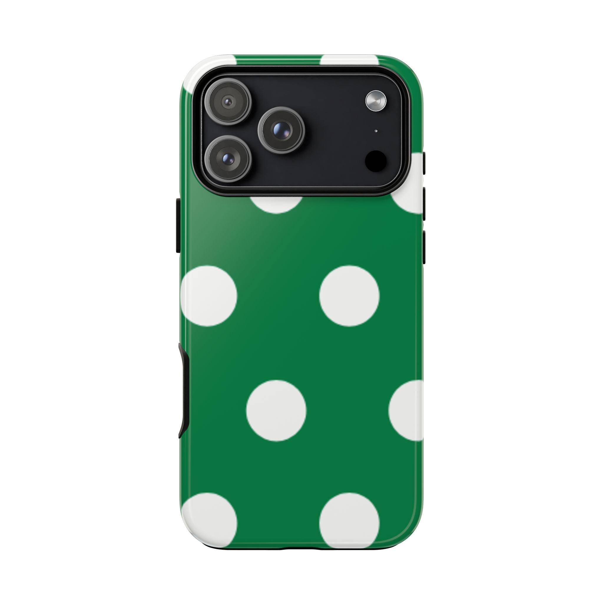 Front view green polka dot phone case with white dots and camera cutout
