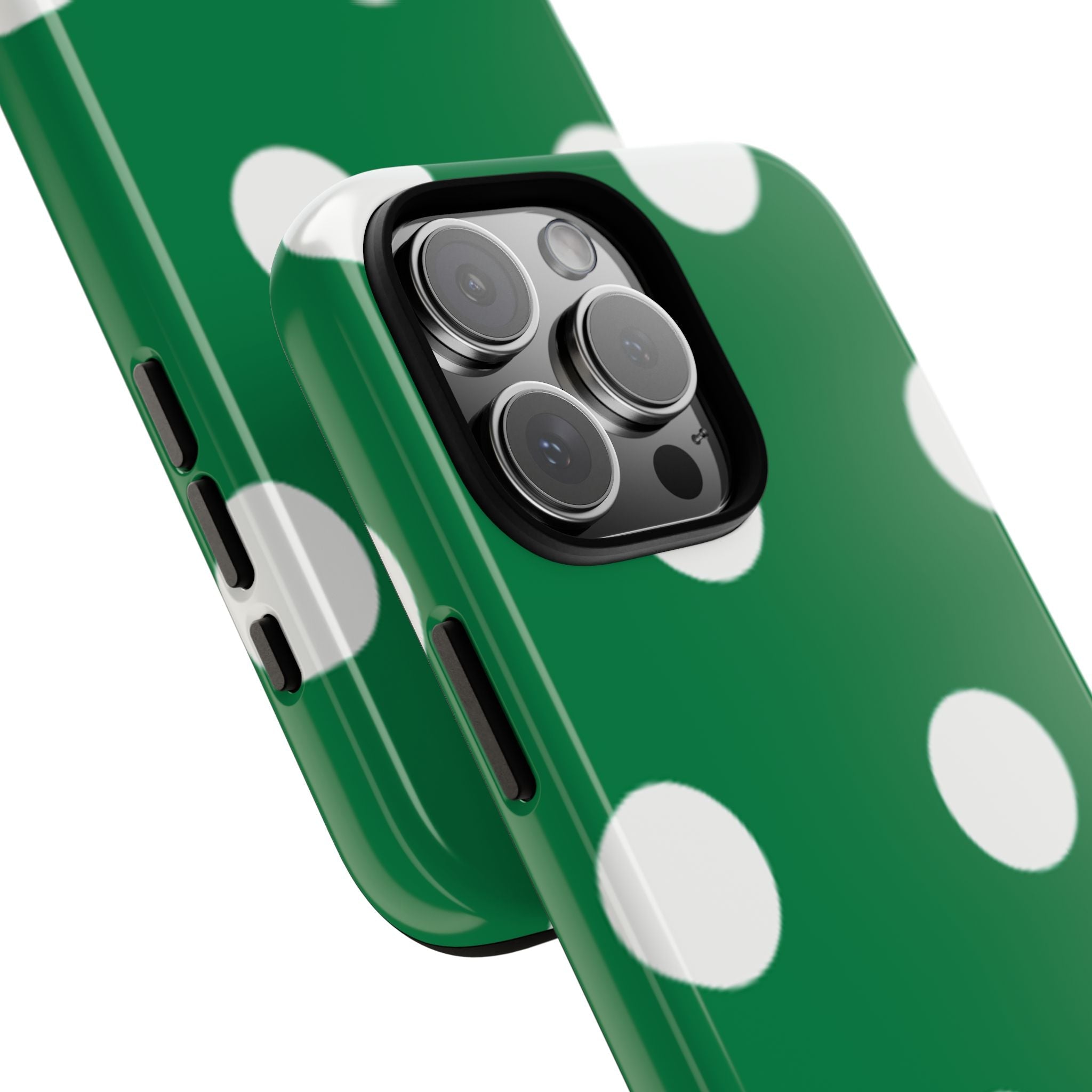 Angled green phone case with white polka dots showing camera lenses and side cutouts