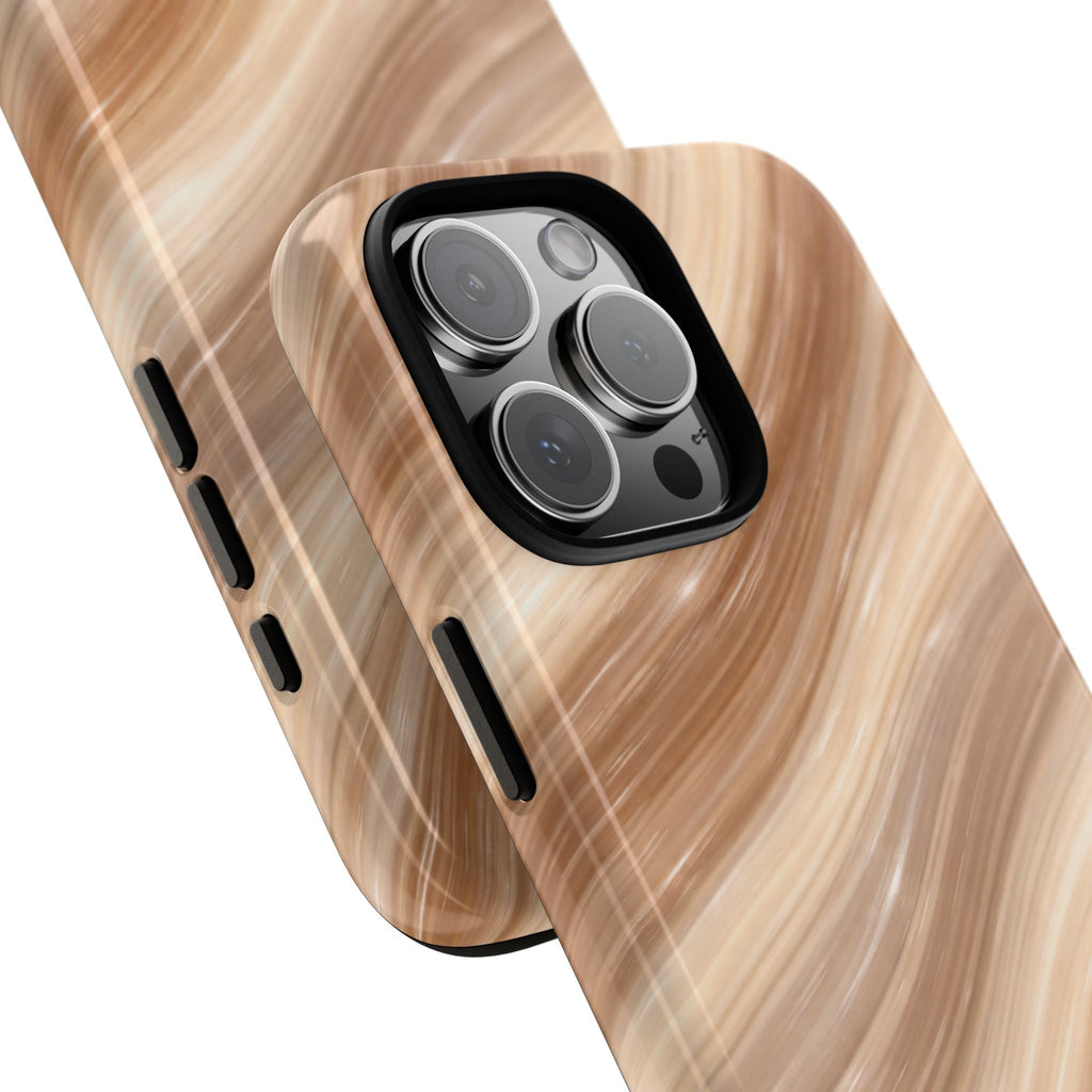 Chai latte waves phone case set, brown swirl texture with camera lenses visible