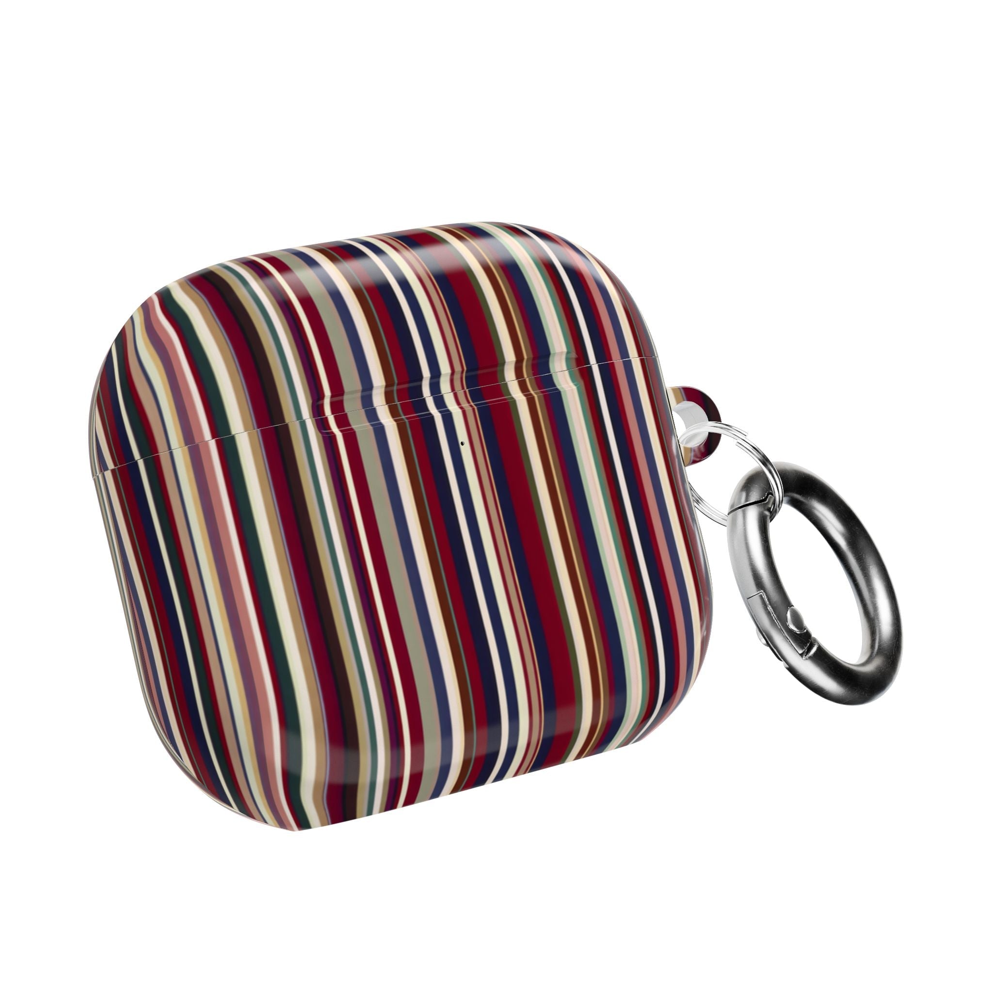 AirPod case in multicolor vertical stripes with metal carabiner ring on side