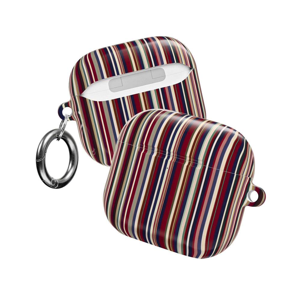 Multicolor striped AirPod case with metal keyring, shown closed and from side