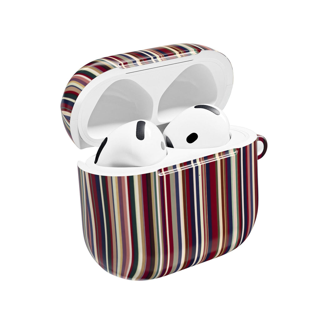 AirPod case with multicolor vertical stripe fabric, open lid with white earbuds