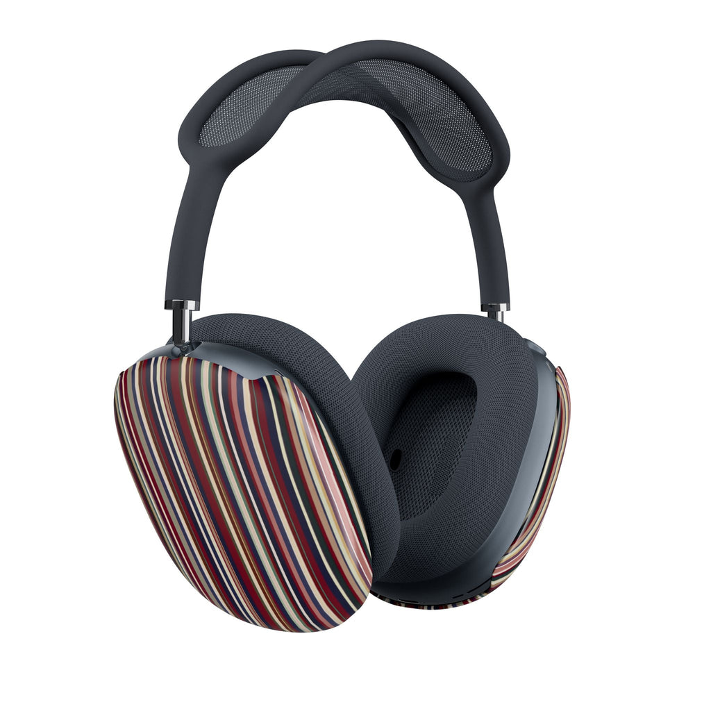 AirPods Max cover set showing dark mesh headband with multicolor striped ear cups