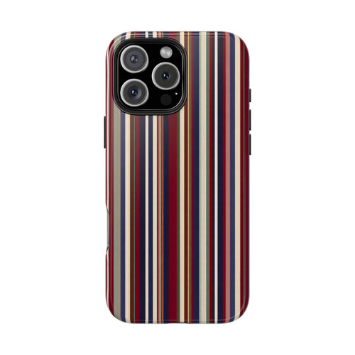 Striped phone case with vertical multicolor bands and dual-lens camera cutout