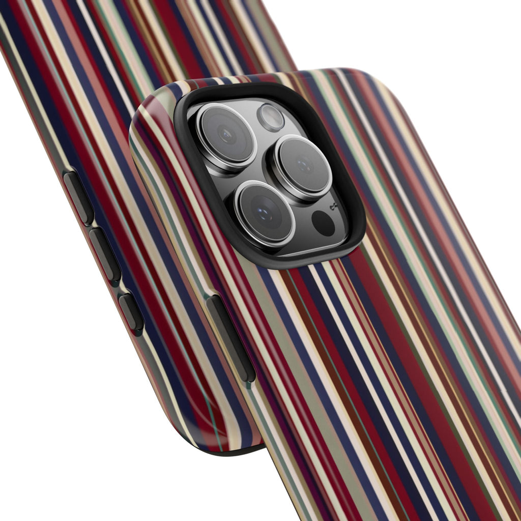 Striped phone case angled view with vertical multicolor bands and side button cutouts