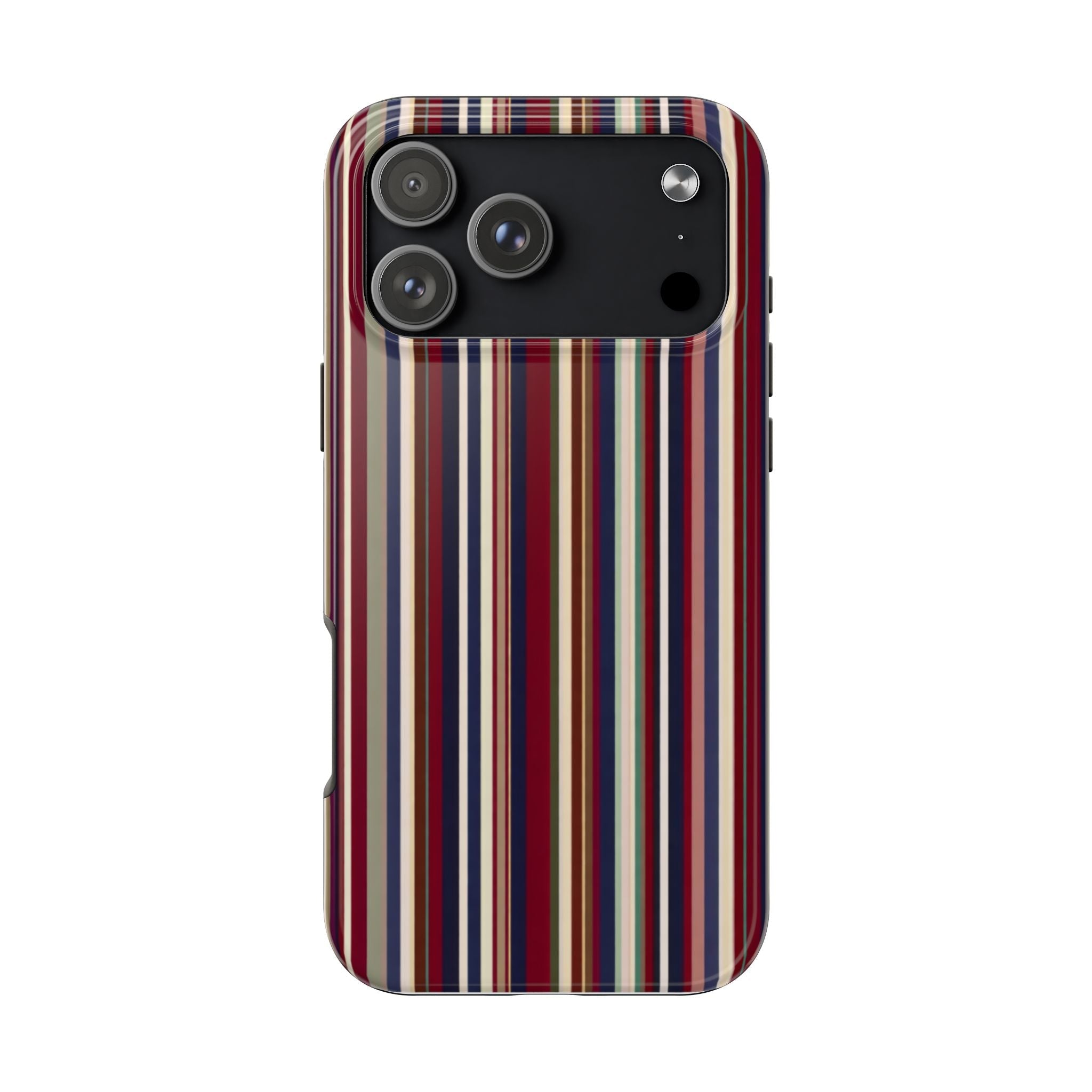 Striped phone case with vertical multicolor bands and raised camera cutouts