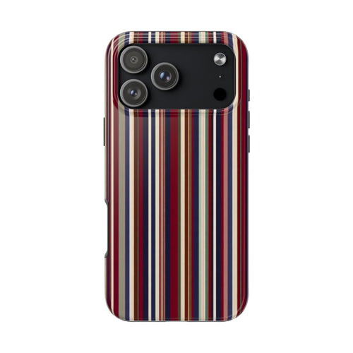 Striped phone case with vertical multicolor bands and raised camera cutouts