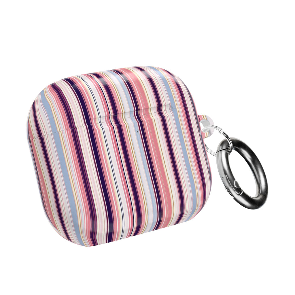 AirPods case closed, colorful vertical stripes with metal carabiner ring
