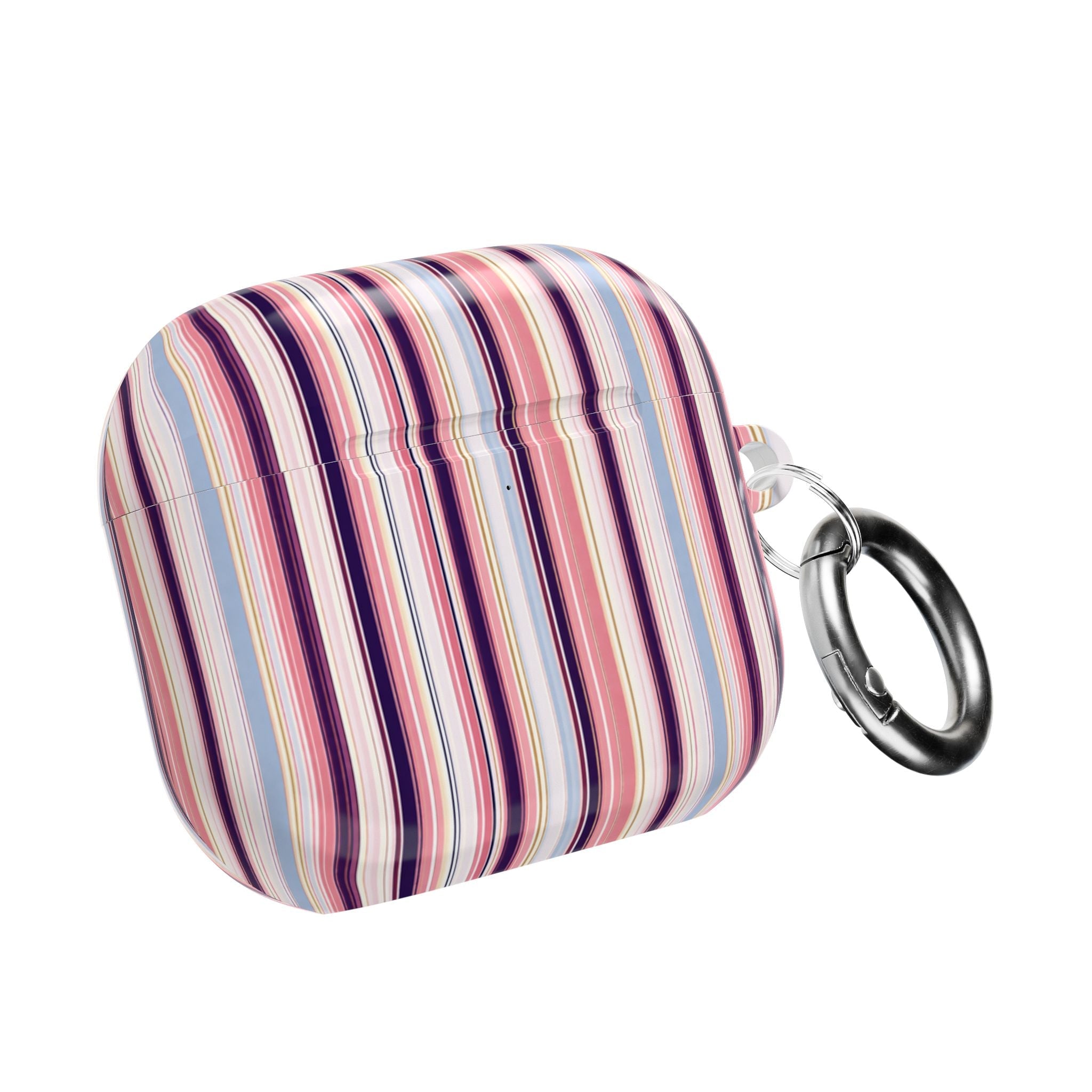 AirPods case closed, colorful vertical stripes with metal carabiner ring